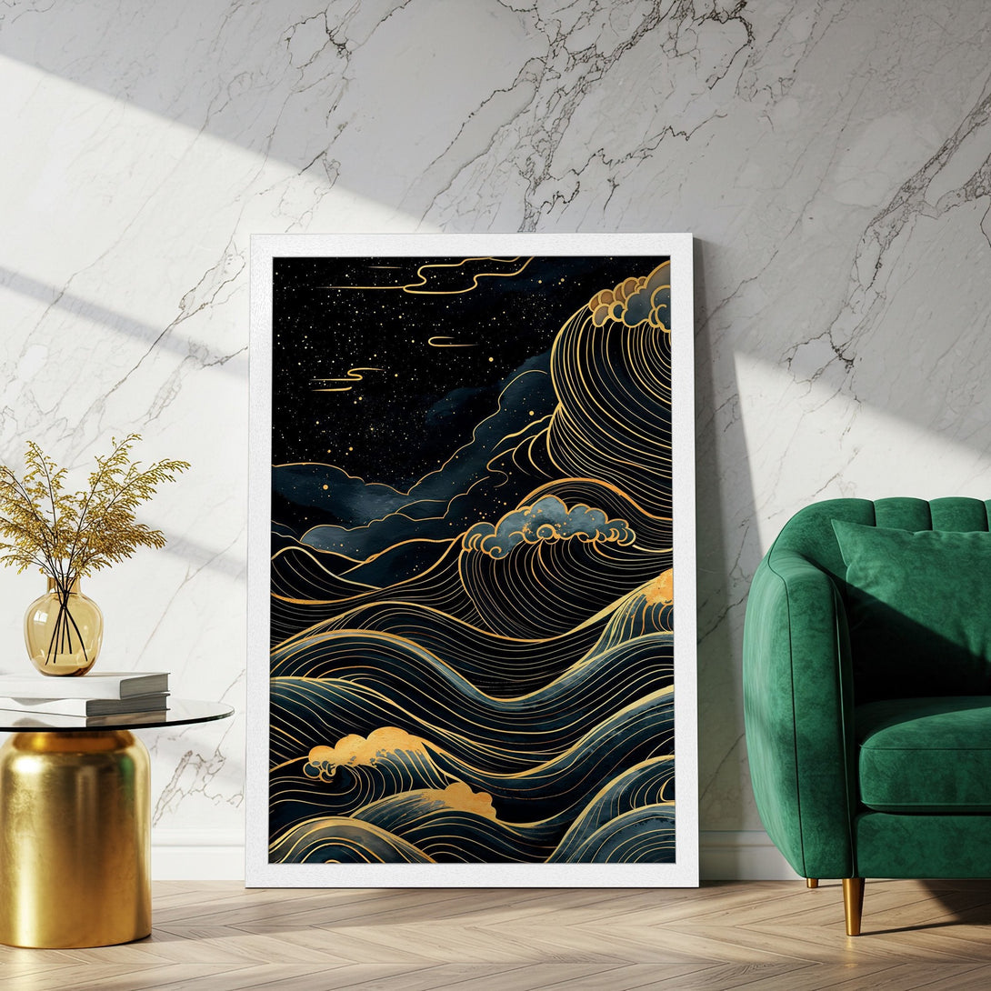 Framed Poster featuring a Japanese wave design in navy, gold, and teal. Add a touch of zen to your space!