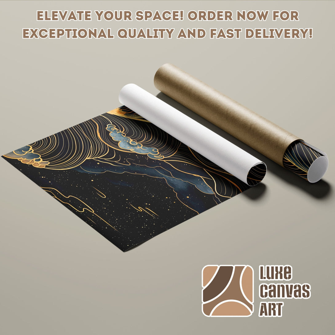 Poster Roll featuring a celestial design in gold, navy, and black. Elevate your space!