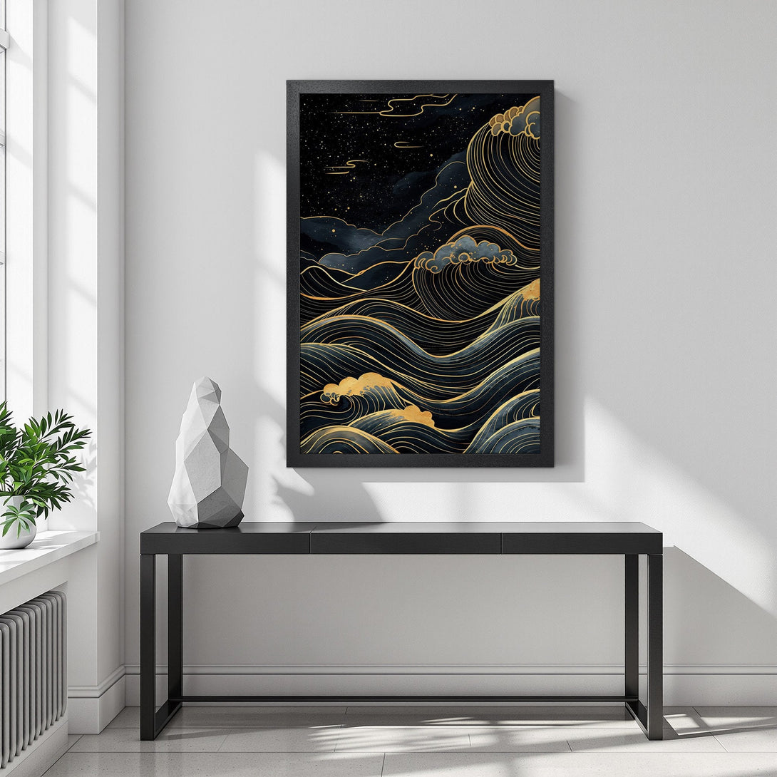 Framed Poster featuring a stylized wave design in navy, black, and gold. Perfect wall art for a modern, elegant space.