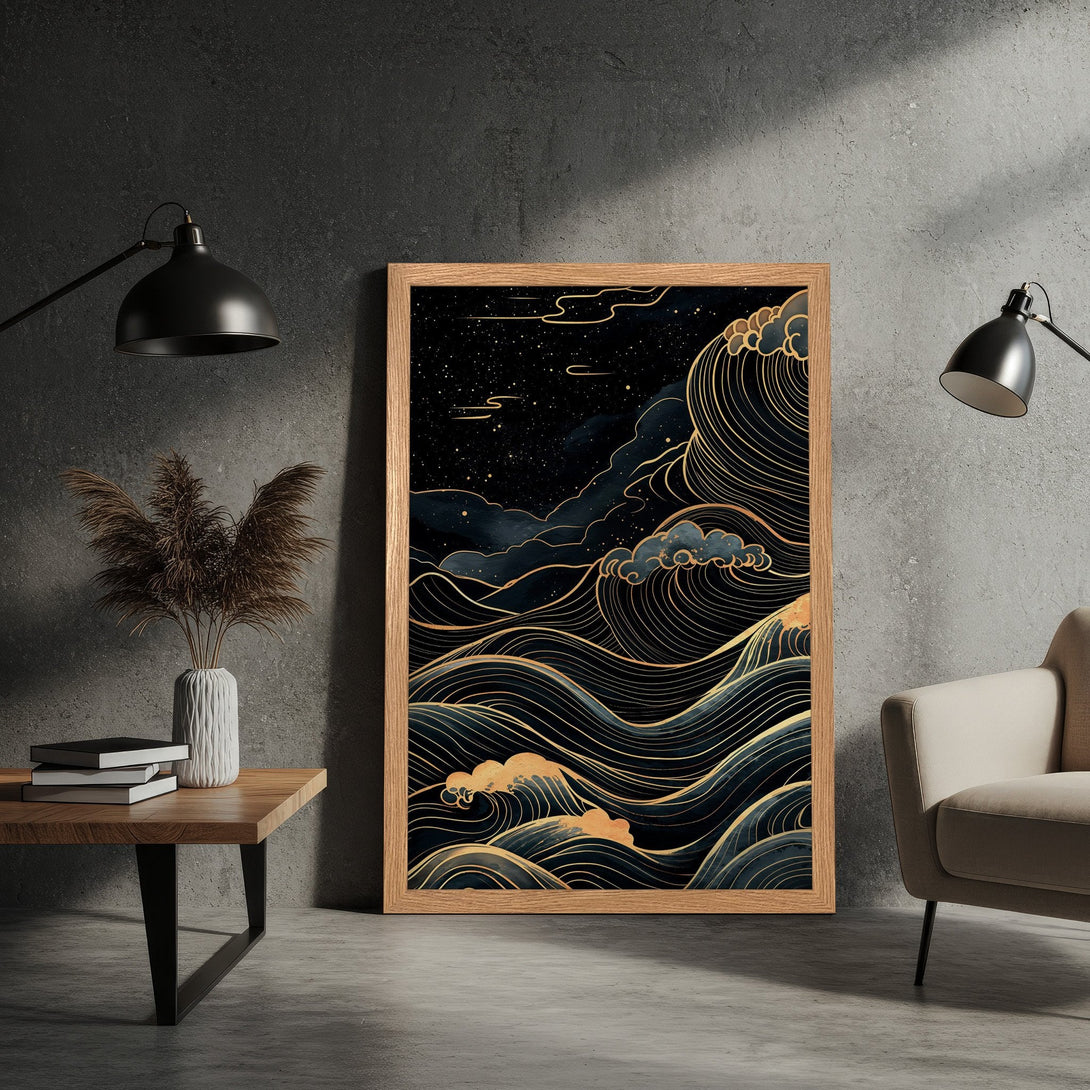Framed Poster featuring an elegant wave design in navy, gold, and black. Perfect for modern decor!