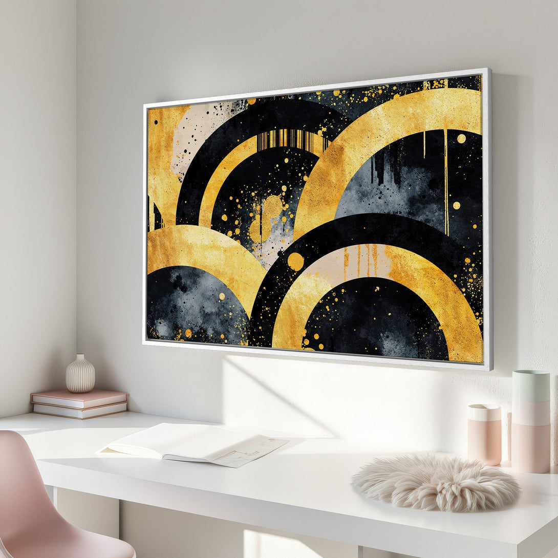 Framed Wall Art: Abstract gold and black artwork with a modern style. Adds a touch of elegance to any space. Shop now!