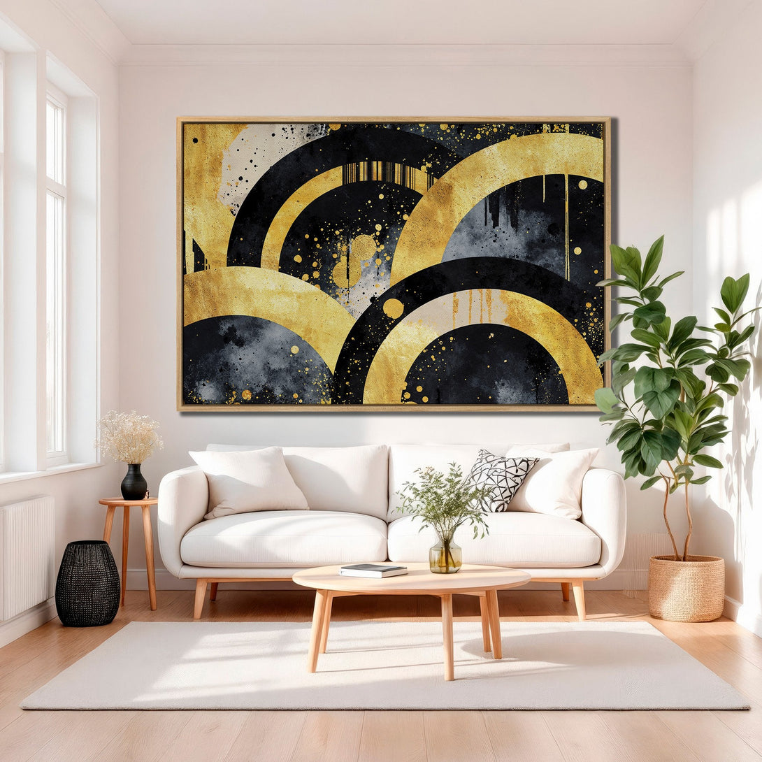 Framed Wall Art: Abstract gold and black art print. Modern style canvas print with a luxurious gold and dark color palette, perfect for living room decor.
