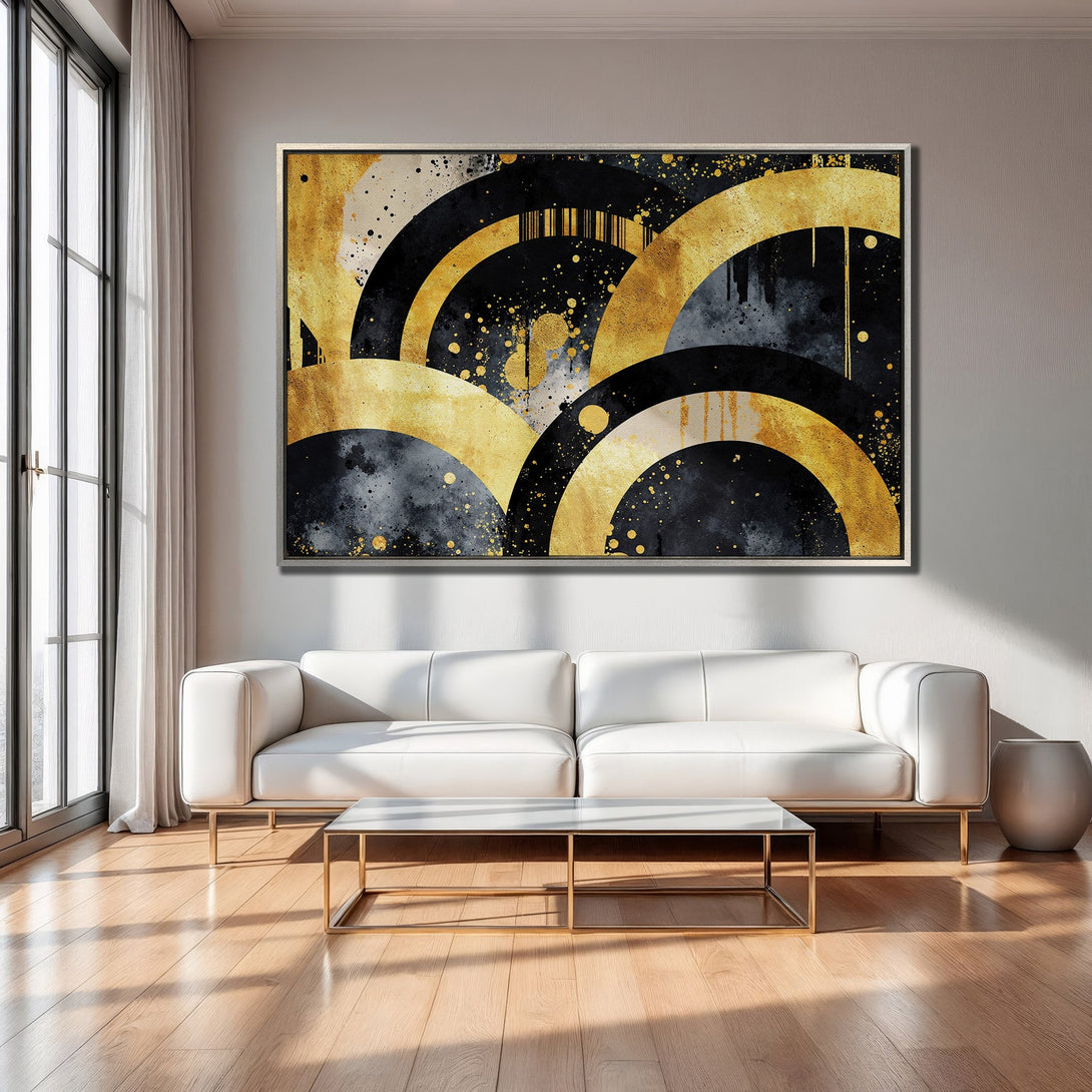 Framed Wall Art featuring abstract gold and black arches. Modern art canvas print adds a touch of luxury to any interior.