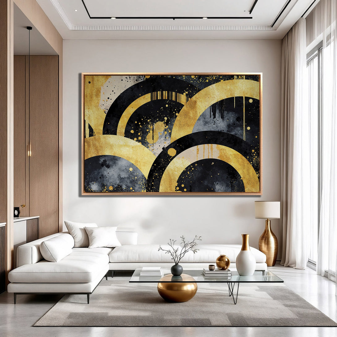 Framed Wall Art: Abstract gold and black artwork. Modern style Canvas Print with a neutral interior design. Elevate your space with this stunning piece.