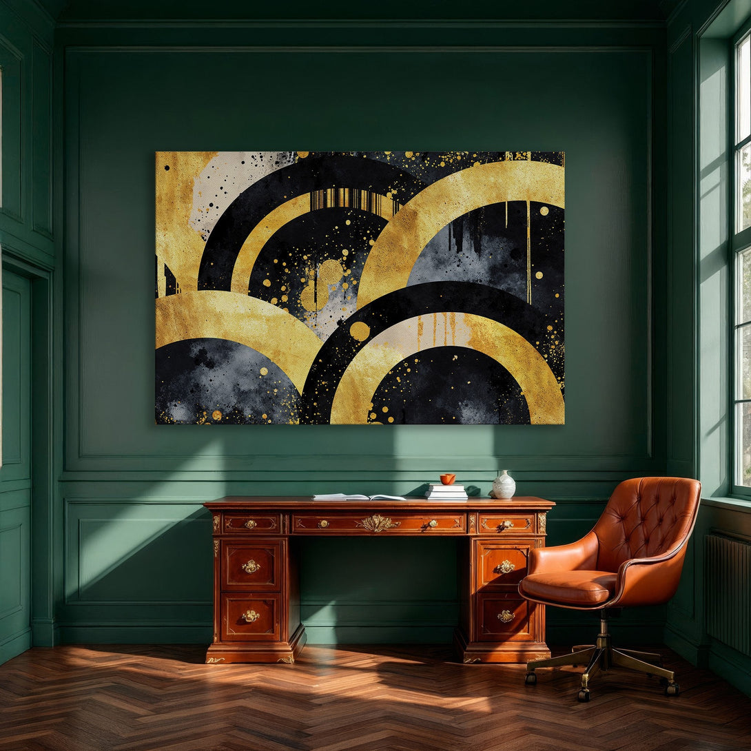 Framed Wall Art: Abstract gold and black art print. Modern style canvas print with a luxurious gold and dark color palette, perfect for dining room decor.