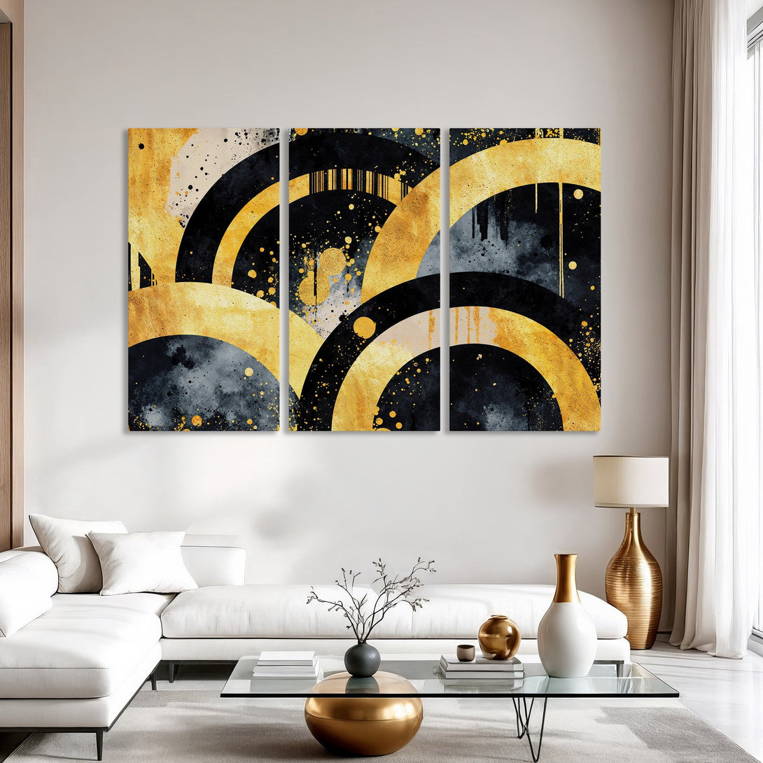 Abstract Canvas Print art with gold, black, and gray arches. Modern style wall decor for living room.