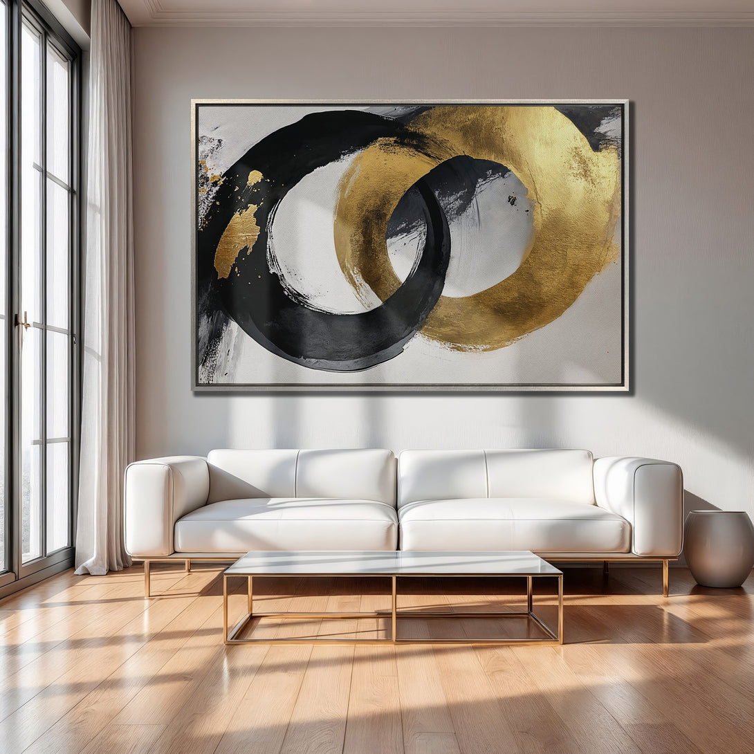 Framed Wall Art: Abstract gold and black brushstroke design. Modern canvas print adds a touch of luxury to any living room.