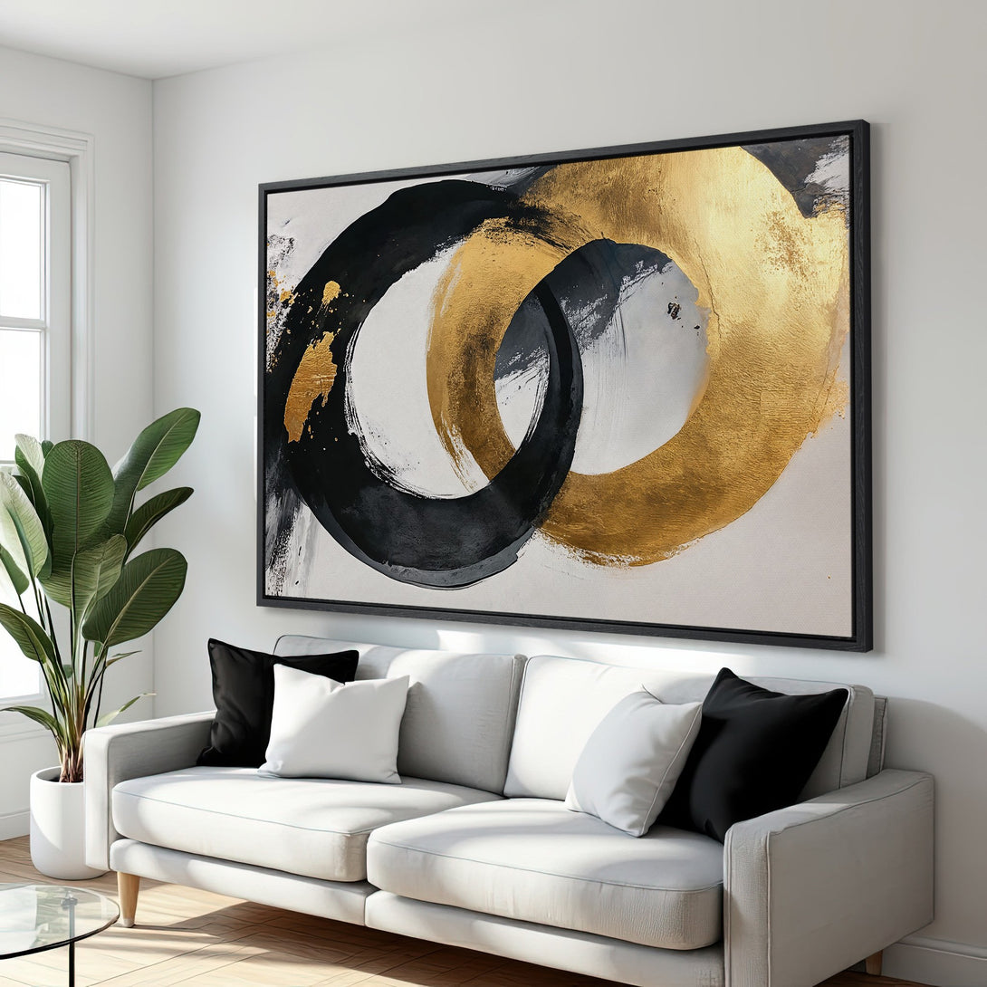 Framed Wall Art: Abstract gold and black brushstroke design canvas print. Modern art with a neutral color palette, perfect for living room decor.