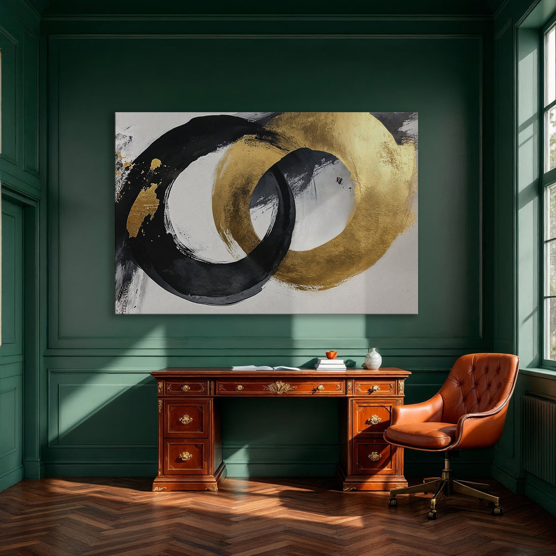 Framed Wall Art: Abstract black and gold brushstroke art canvas print, modern style, neutral palette. Perfect for dining room decor.