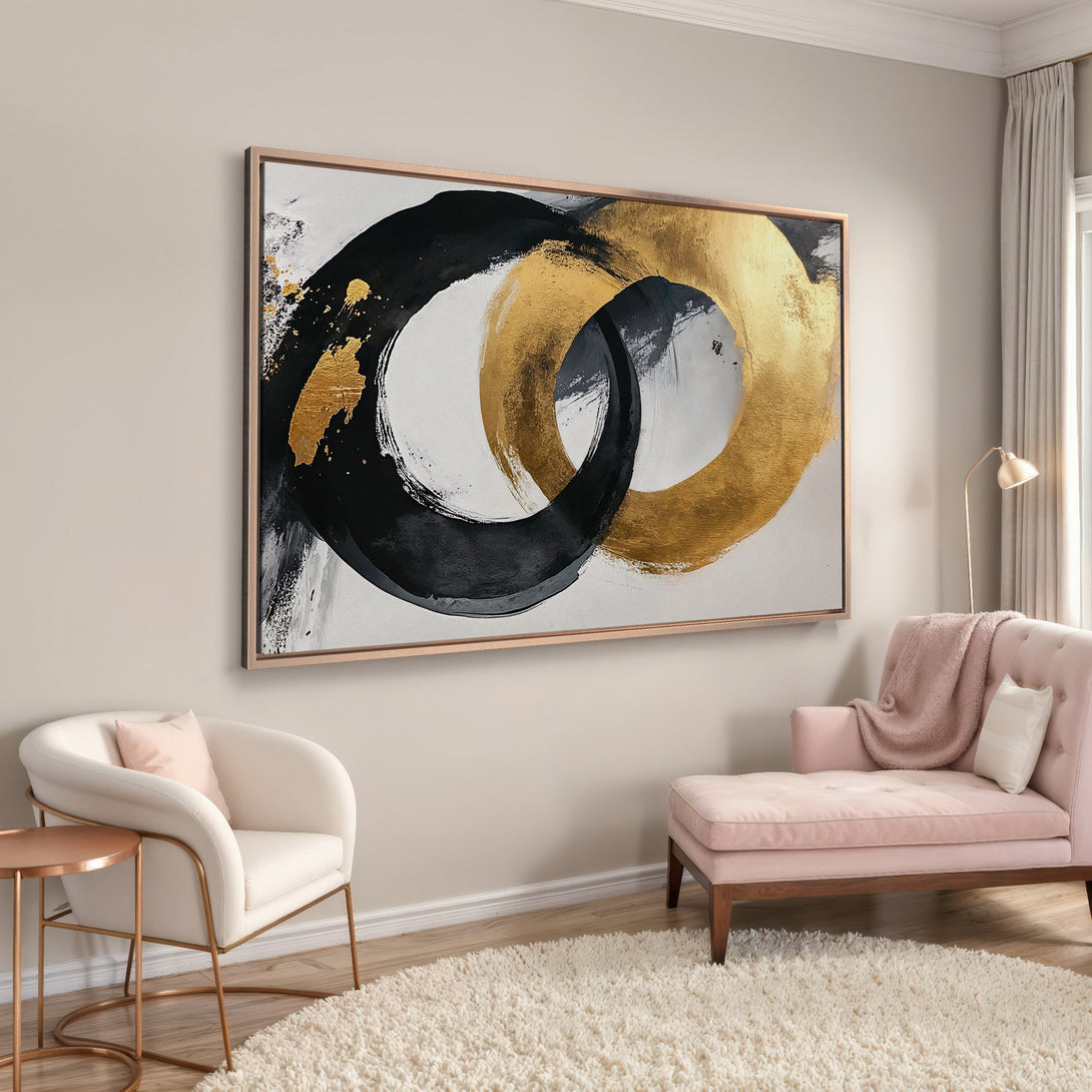 Framed Wall Art: Abstract gold and black brushstroke Canvas Print, modern style, neutral color palette, perfect for living room decor.
