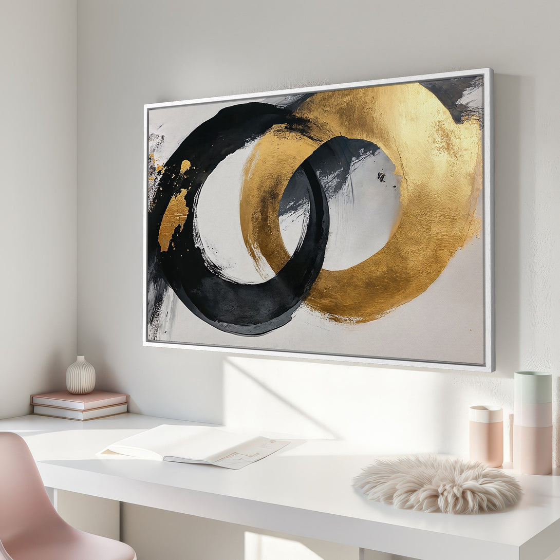 Framed Wall Art: Abstract gold and black brushstroke design. Modern canvas print with a neutral, elegant color palette. Perfect for home decor.