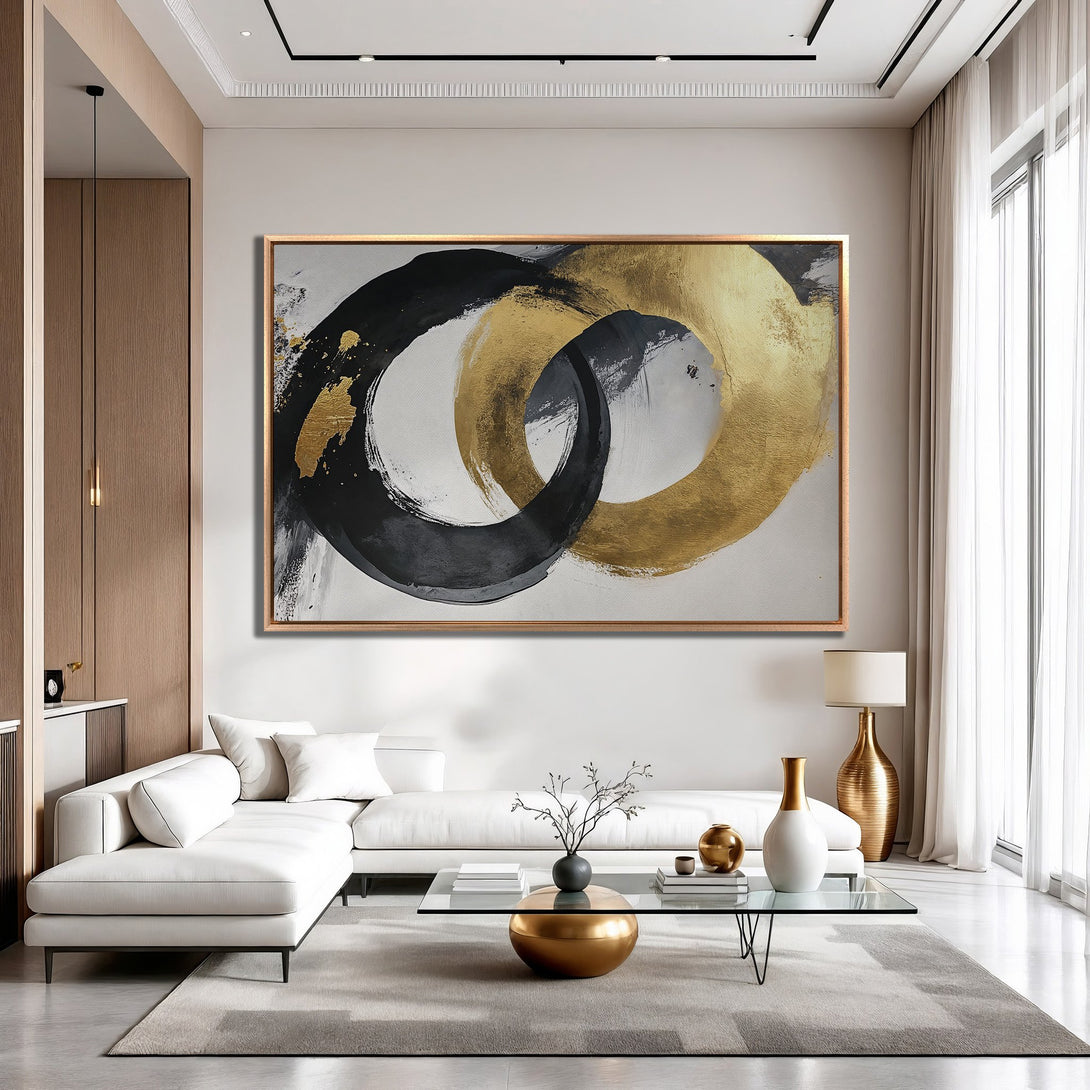 Framed Wall Art: Abstract gold and black brushstroke design. Modern art canvas print with neutral color palette, perfect for living room decor.