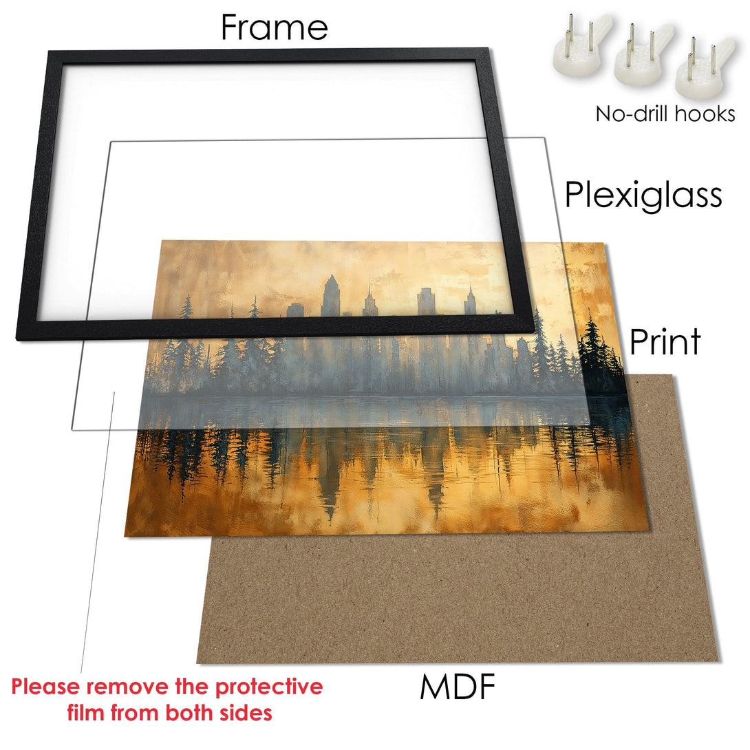 Framed Poster of a cityscape reflecting in water, in a warm, golden color palette. Perfect wall art!