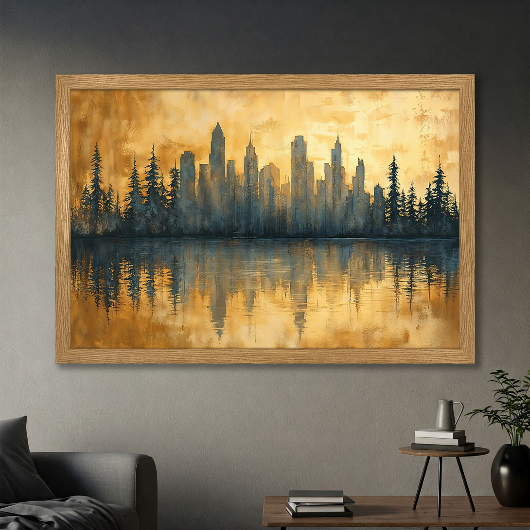 Framed Poster of a city skyline reflected in water, artistic style with warm gold and cool blue tones. Perfect wall art!