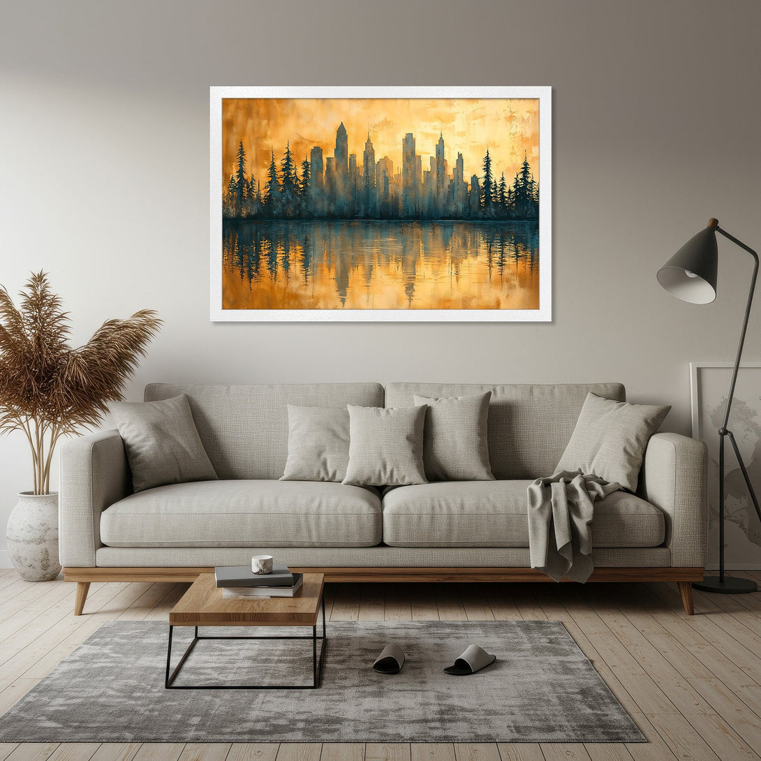 Framed Poster featuring a cityscape reflecting in water, with a warm yellow and teal color palette. Perfect art for your home!