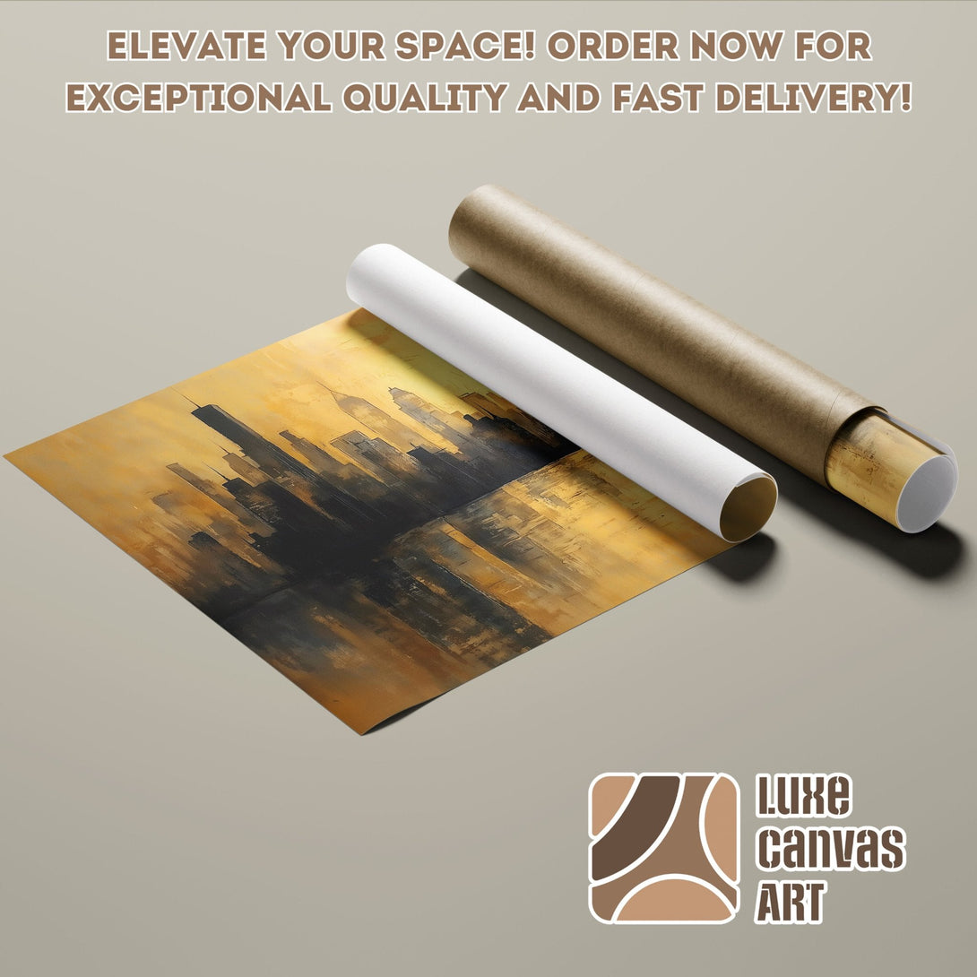 Abstract cityscape poster roll in gold and black tones. Elevate your space!