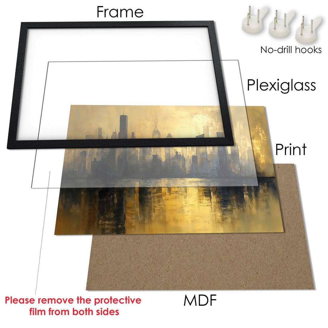 Framed Poster of a city skyline in a warm, golden color palette. Perfect art for your home!