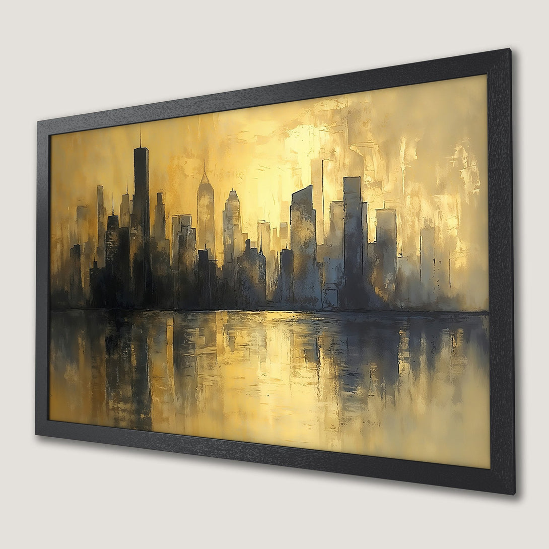 Framed Poster of a city skyline in an abstract style with a gold and black color palette.