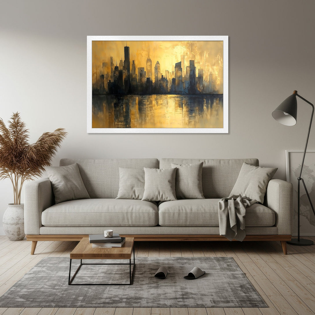 Framed Poster of a New York City skyline in abstract style, featuring a golden and black color palette. Perfect wall art for your home!