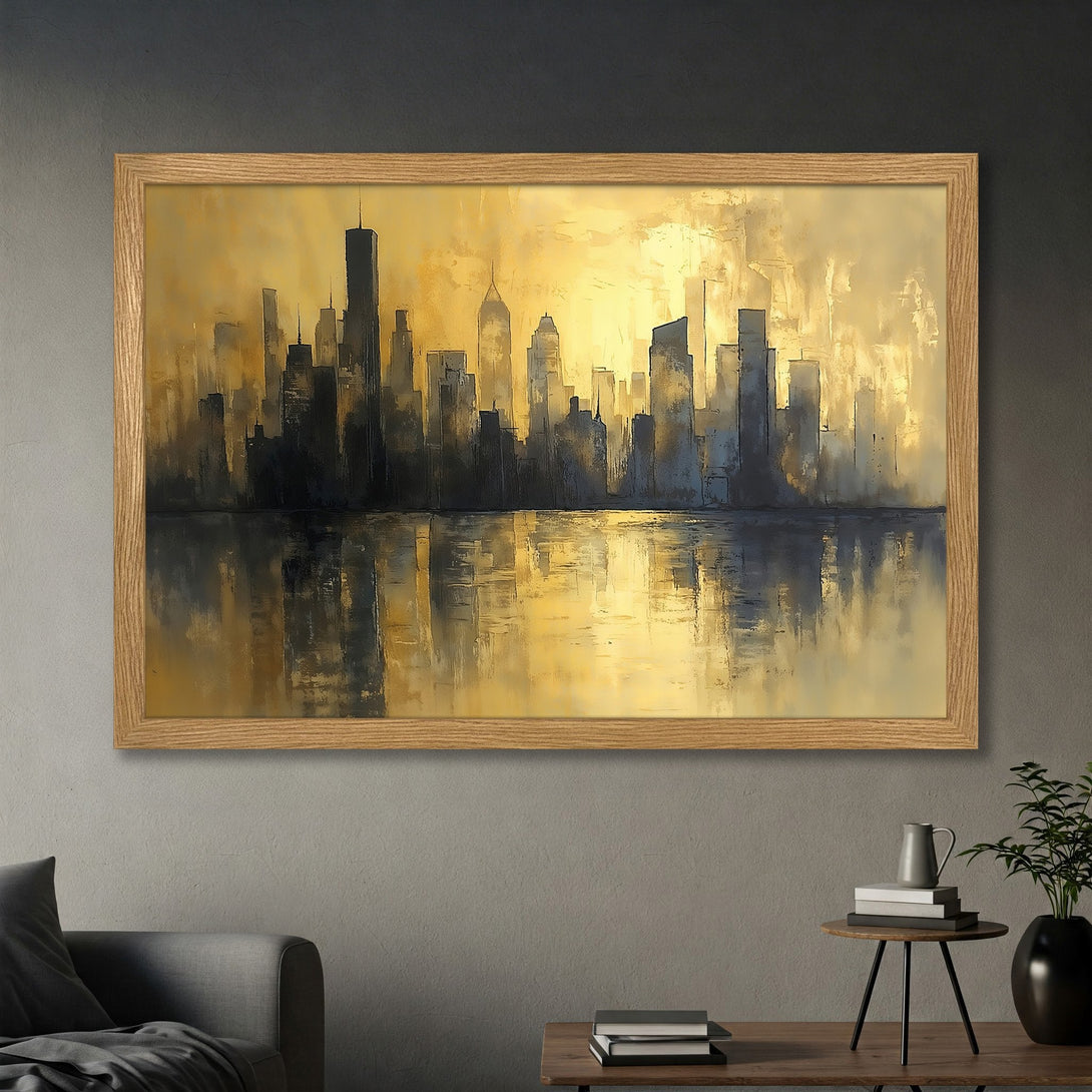 Framed Poster featuring a cityscape painting in a golden and dark blue color palette, perfect for modern decor.