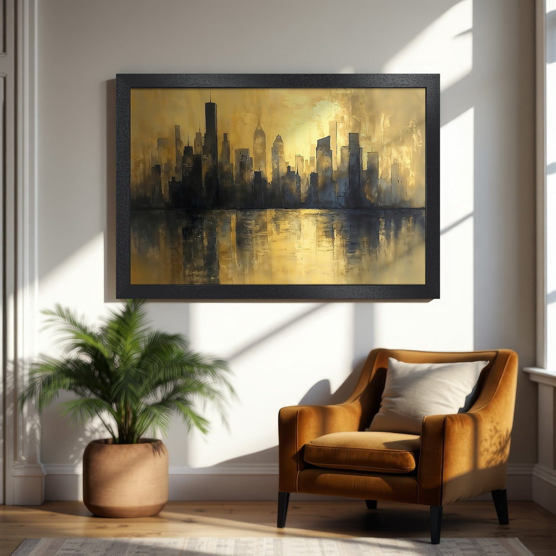 Framed Poster of New York City skyline art in gold and black. Modern abstract style, perfect for home decor.