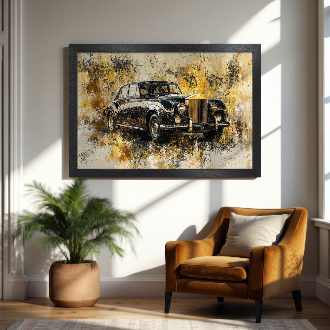 Framed Poster of a classic black car in an abstract style with gold and yellow accents. Perfect wall art for car enthusiasts!