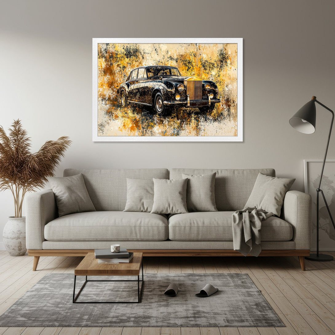 Framed Poster featuring a classic car in an abstract style with a warm yellow and brown color palette. Perfect wall art!
