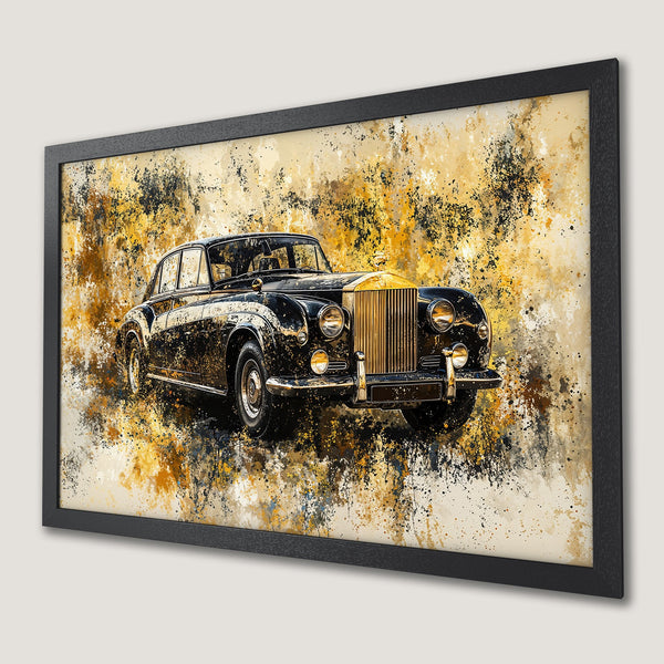 Framed Poster of a classic black car in abstract style, featuring a gold and yellow color palette. Perfect wall art!