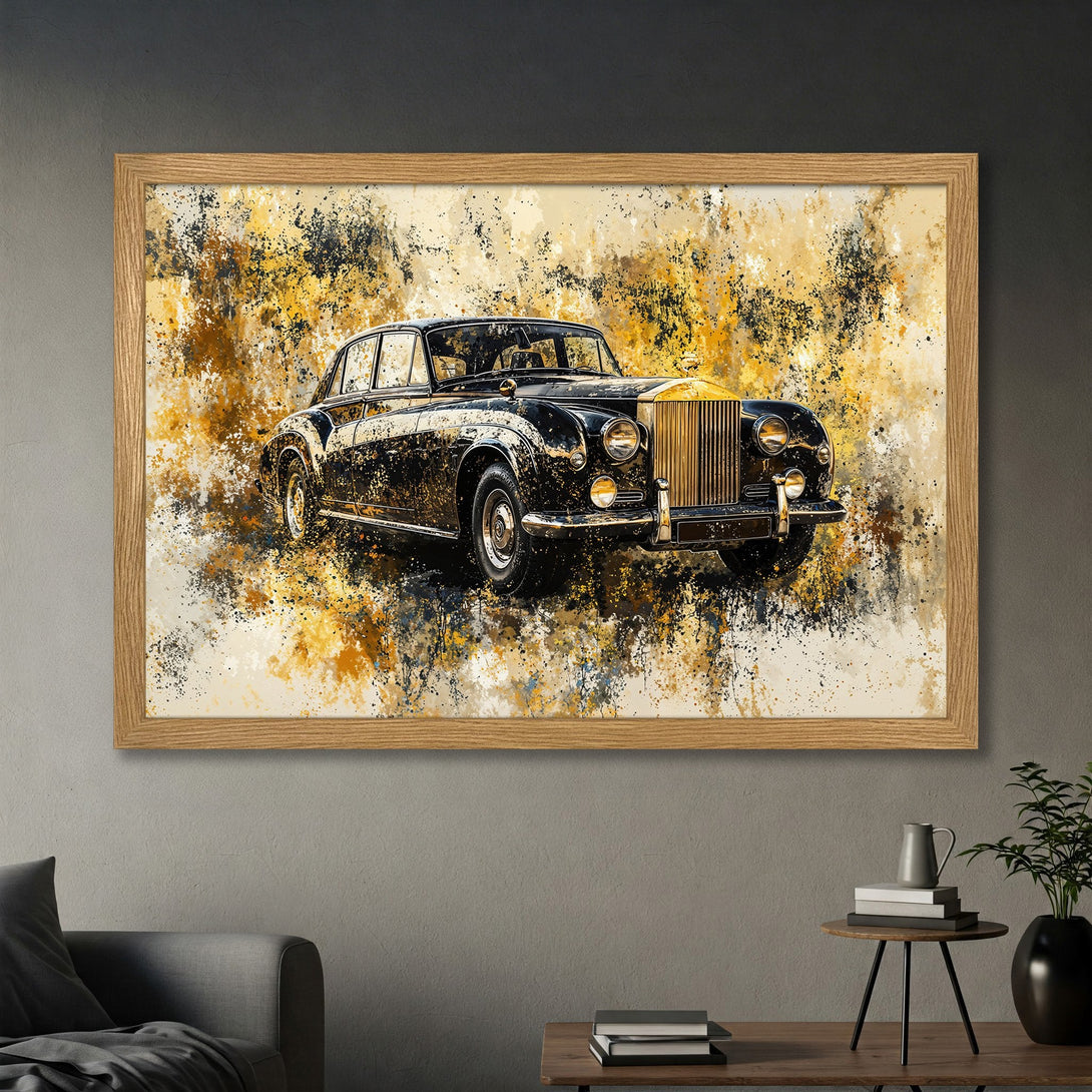 Framed Poster of a classic black car in an abstract style with gold and yellow accents. Perfect wall art for car enthusiasts.
