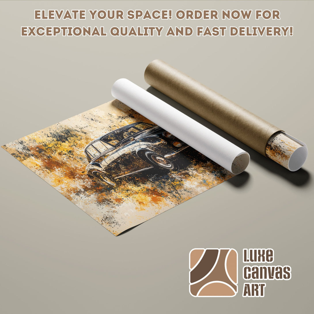 Poster Roll featuring a classic car in abstract style, warm color palette. Order now!