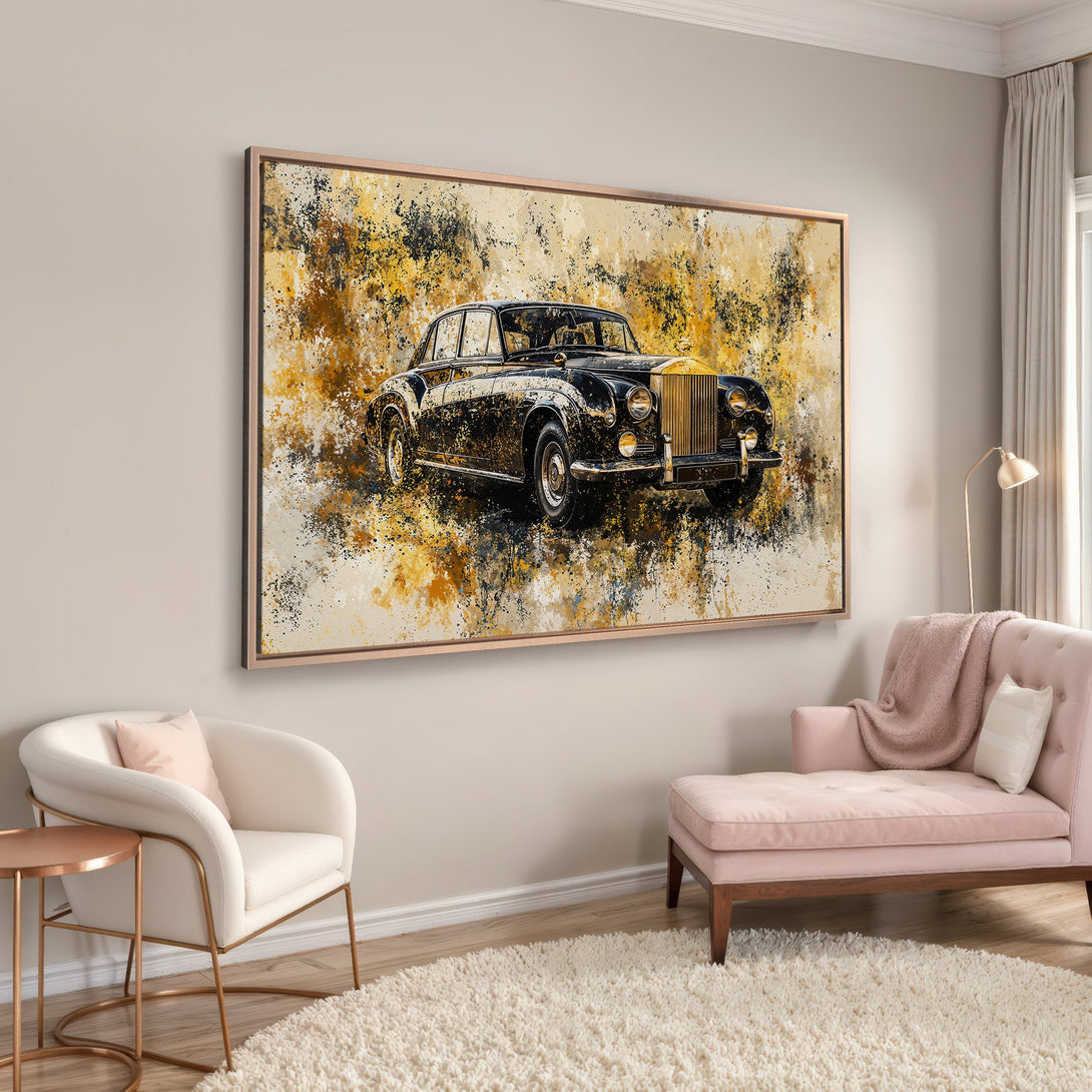 Framed Wall Art: Abstract painting of a classic black car with gold accents. Warm yellow, black, and neutral tones create a stylish interior decor piece.
