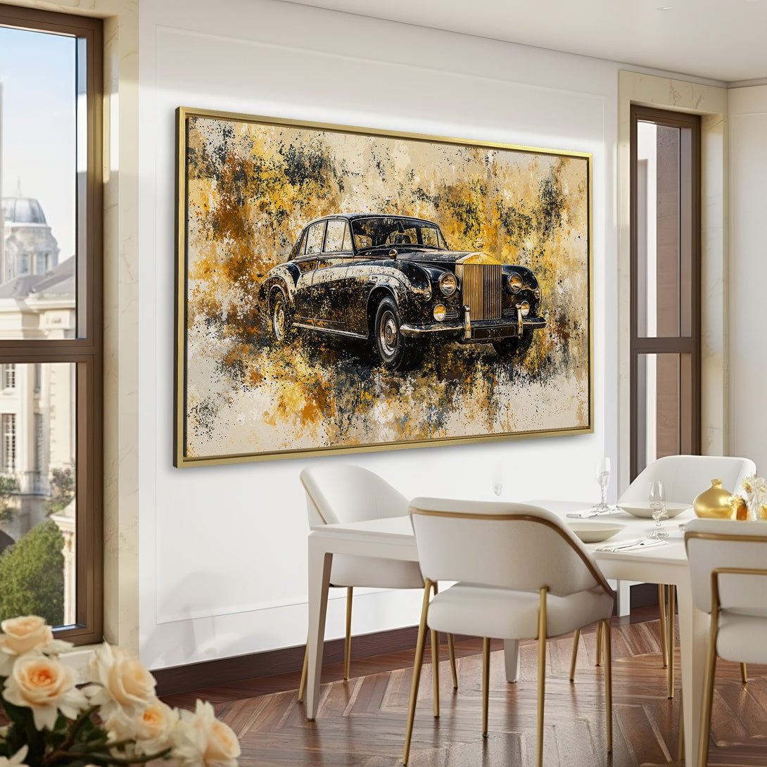 Canvas Print of a classic black car, abstract style, with gold and neutral tones. Perfect for adding luxury to your home decor.