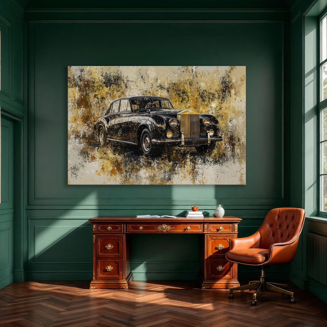Framed Wall Art of a classic car in abstract style, gold, black, and yellow color palette. Perfect for luxury home decor.