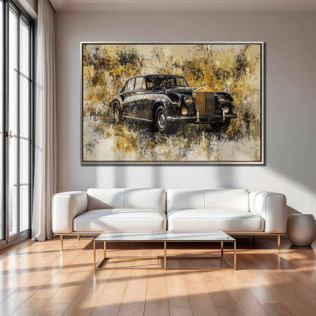 Framed Wall Art: Abstract painting of a classic car in black and gold. Modern art print with neutral color palette, perfect for living room decor.