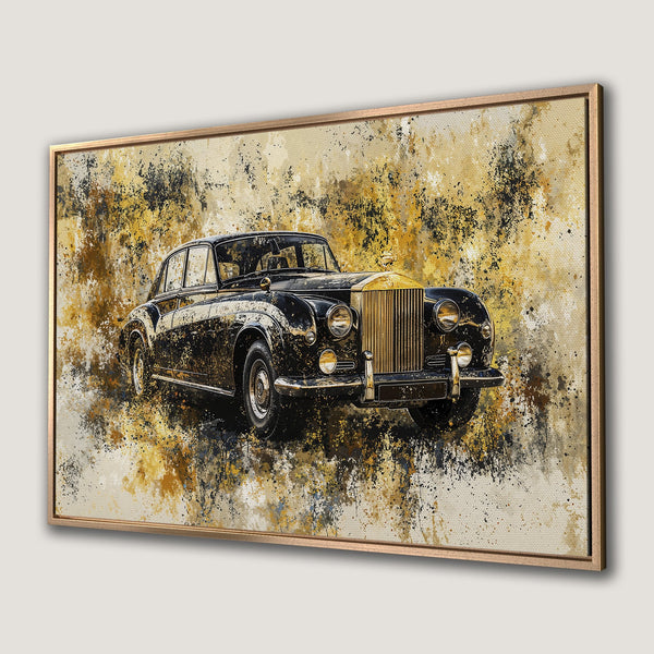 Framed Wall Art: Abstract painting of a classic black car with gold accents, set against a gold and beige splatter background. Perfect for any interior.