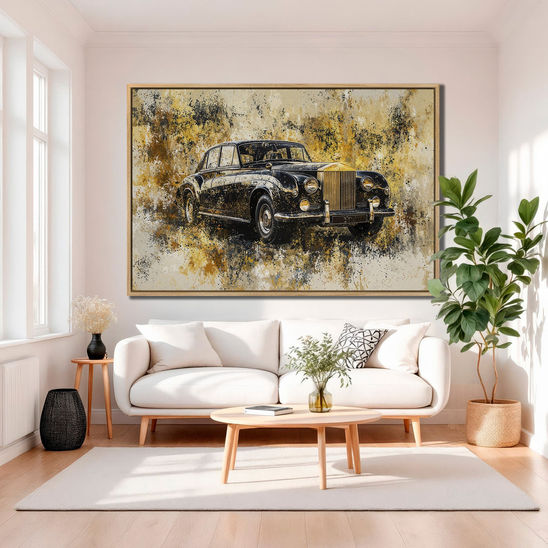Framed Wall Art featuring a vintage car in an abstract style, showcasing a black and gold color palette, perfect for modern home decor.