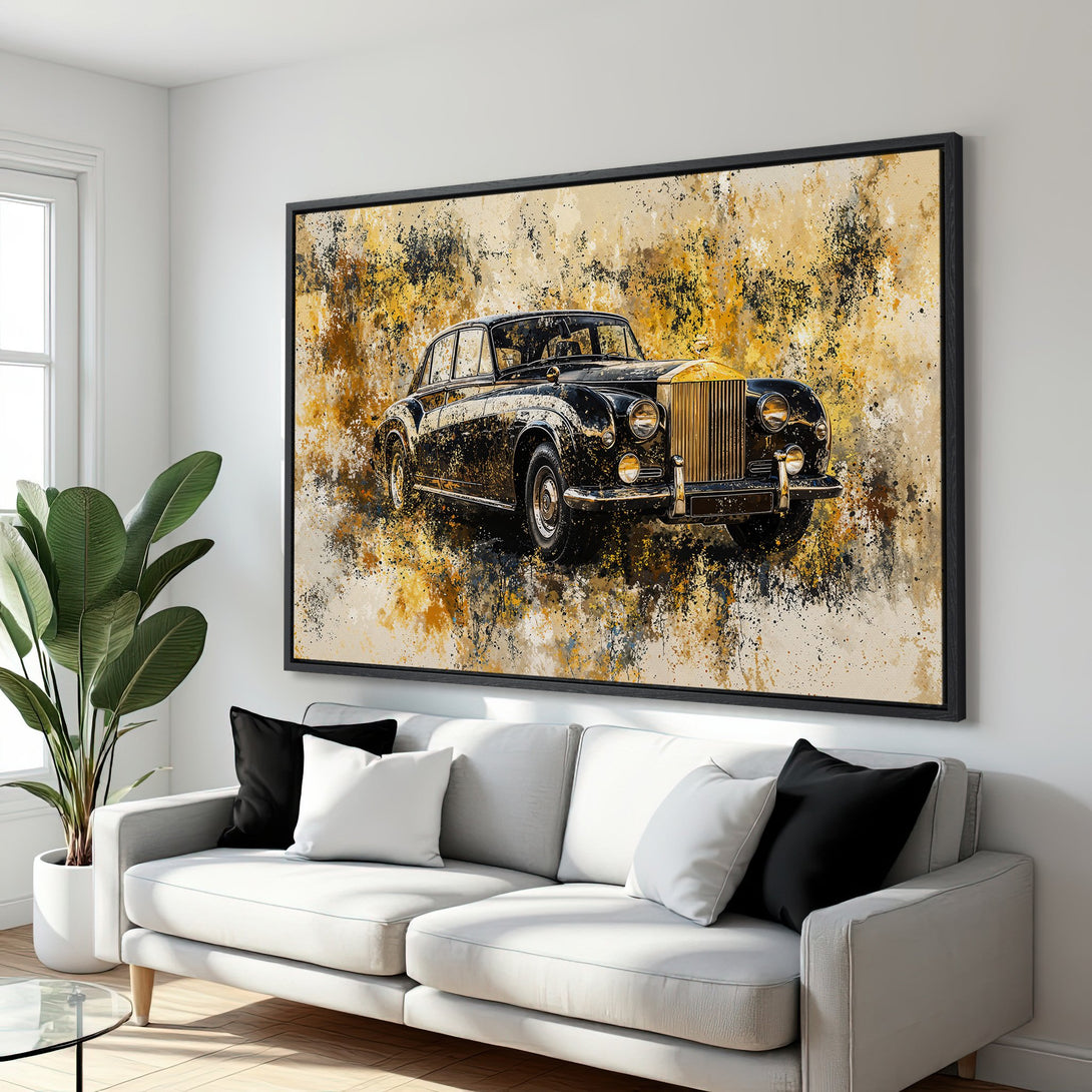 Framed Wall Art: Abstract painting of a classic black car with gold accents. Earthy tones of gold, brown, and black create a stylish statement piece.