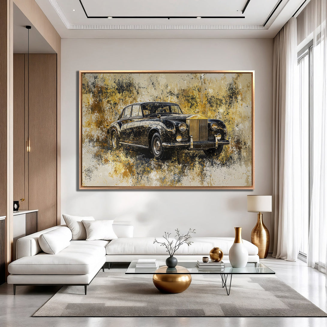 Framed Wall Art: Abstract black car art print on canvas. Modern style with gold, black, and beige color palette. Perfect for luxury home decor.
