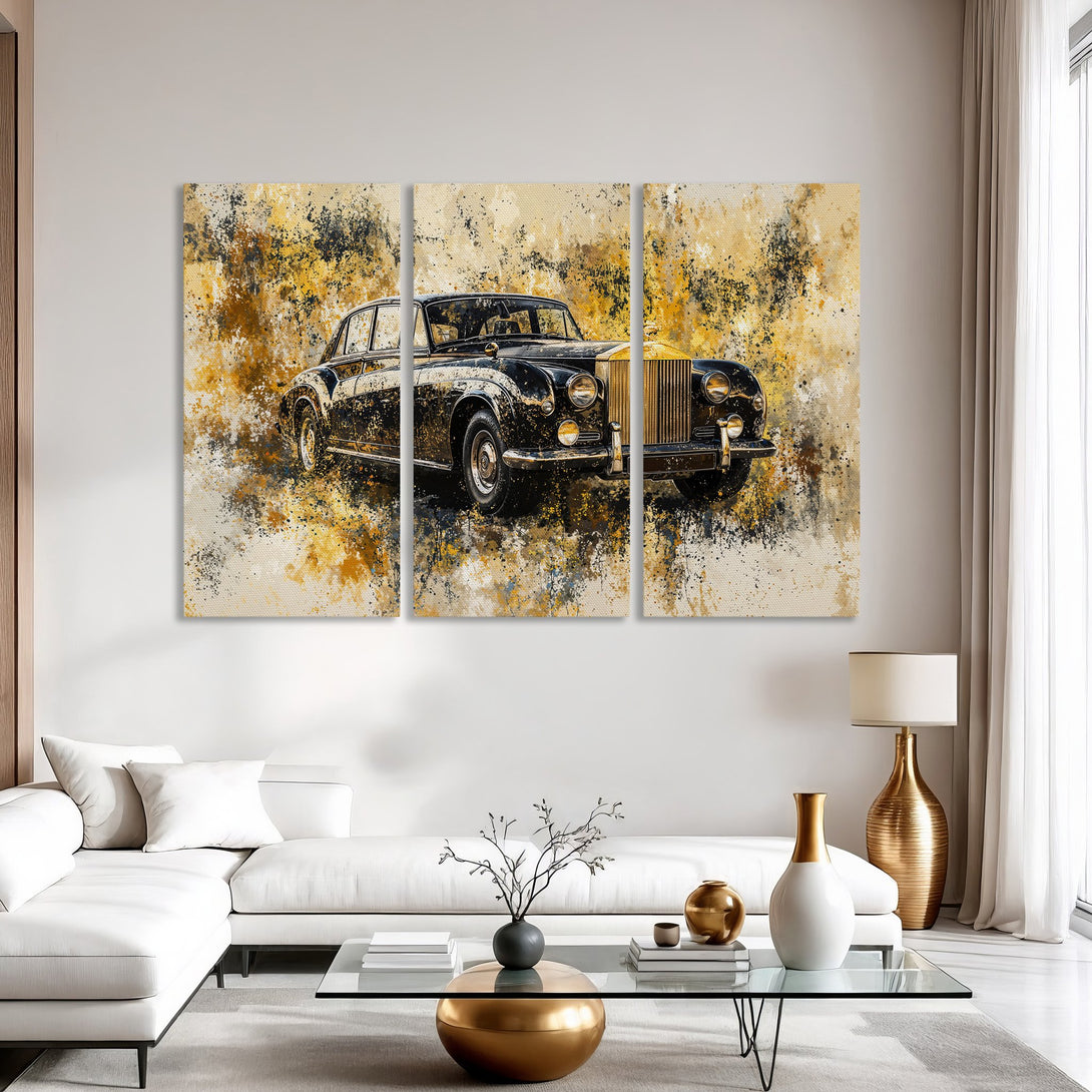 Canvas Print of a classic car in an abstract style, featuring a gold, black, and beige color palette. Perfect wall art for any space.