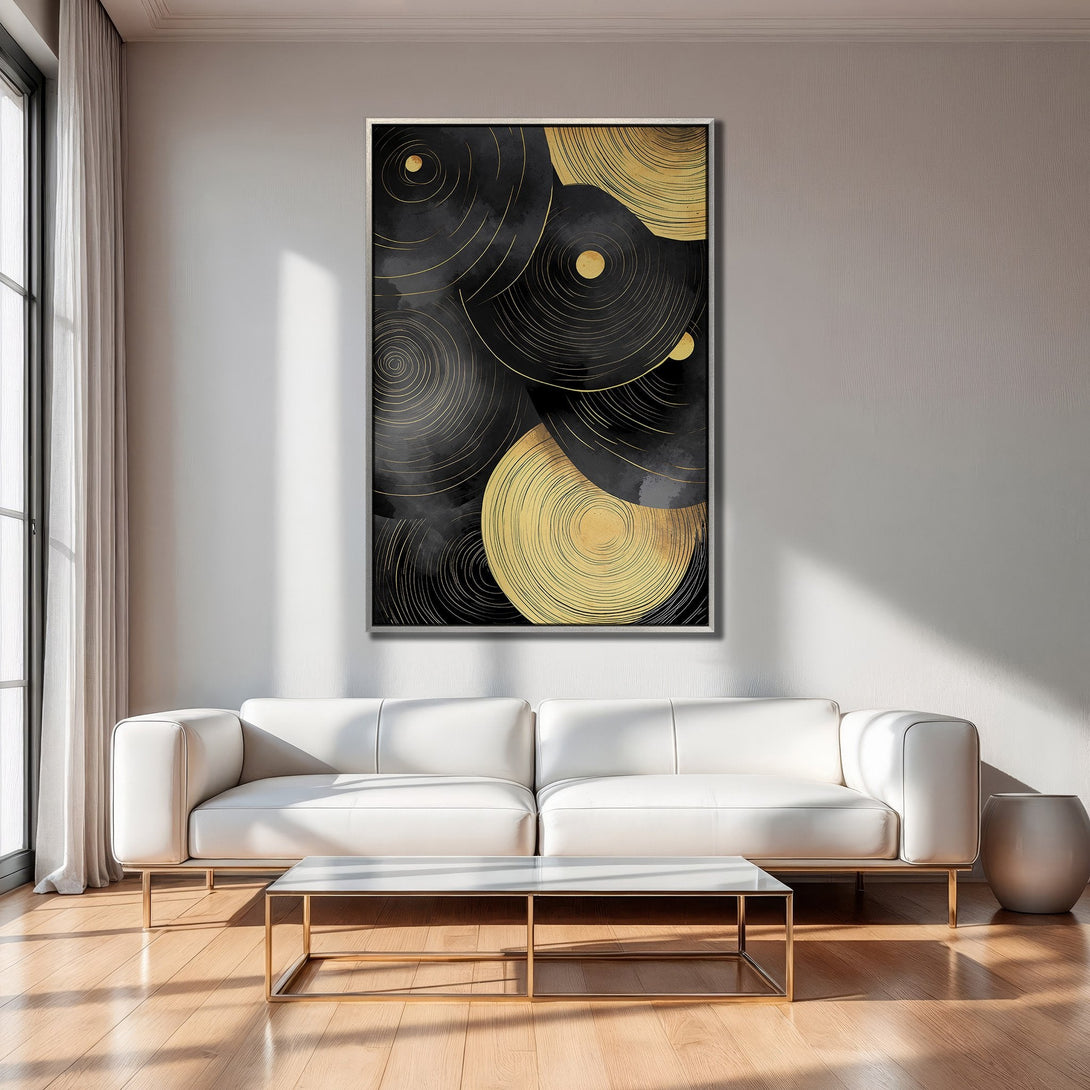 Framed Wall Art: Abstract gold and black circles canvas print. Modern art decor with a luxurious, minimalist style. Perfect for living room.