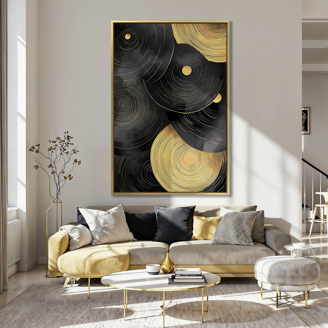 Canvas Print featuring abstract gold and black spiral design, displayed in a stylish kitchen interior. Modern wall art with a sophisticated color palette.