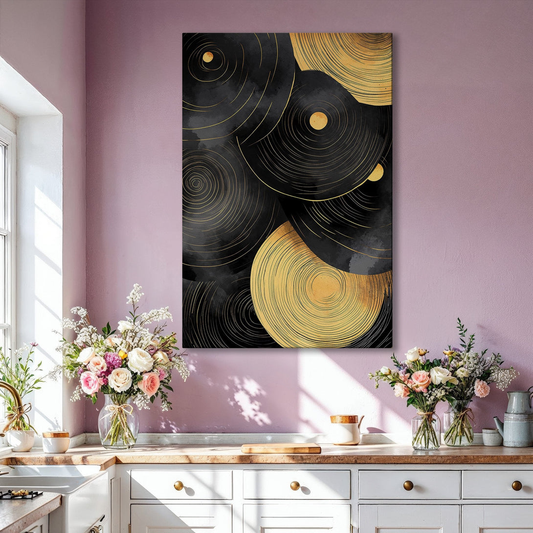 Framed Wall Art featuring abstract black and gold circles. Modern canvas print with a luxurious gold and black color palette, perfect for any interior.