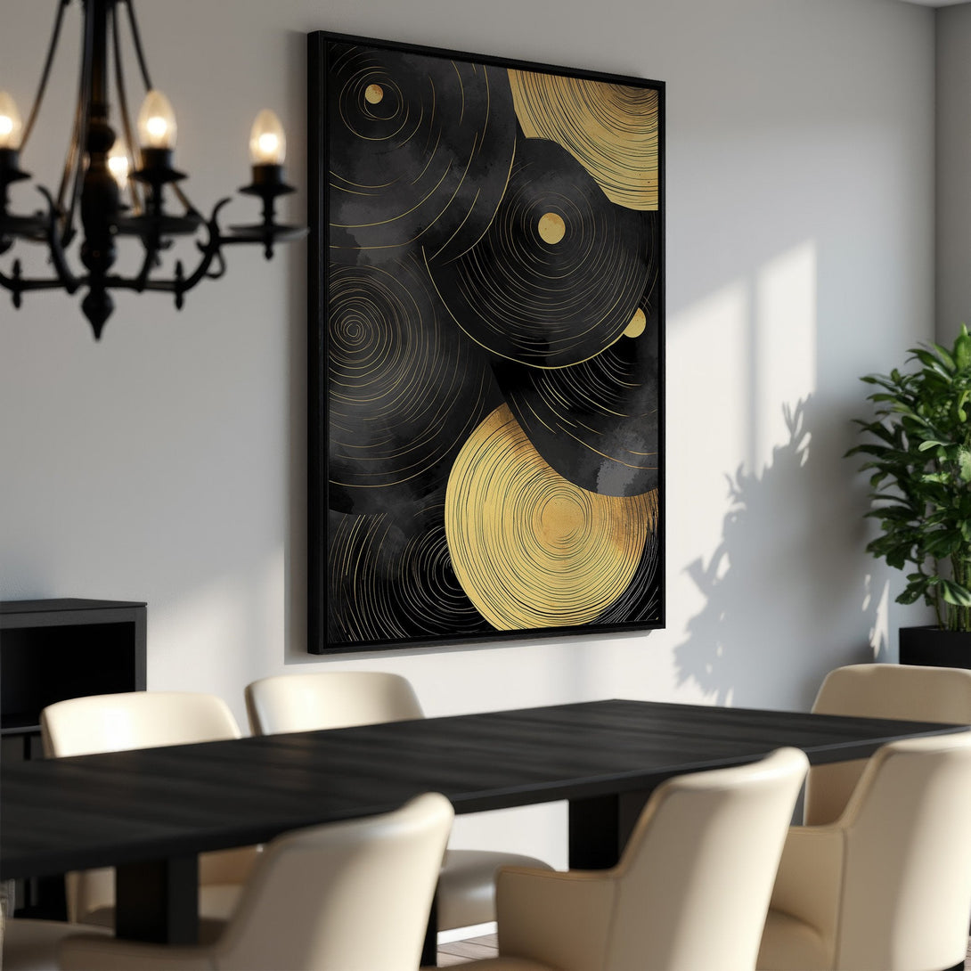 Framed Wall Art featuring abstract gold circles on a black background. Modern art print perfect for dining room decor. Black and gold color palette.