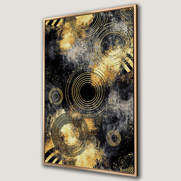 Framed Wall Art: Abstract gold & black art print. Modern canvas print with geometric circles & splash design. Perfect for stylish home decor.