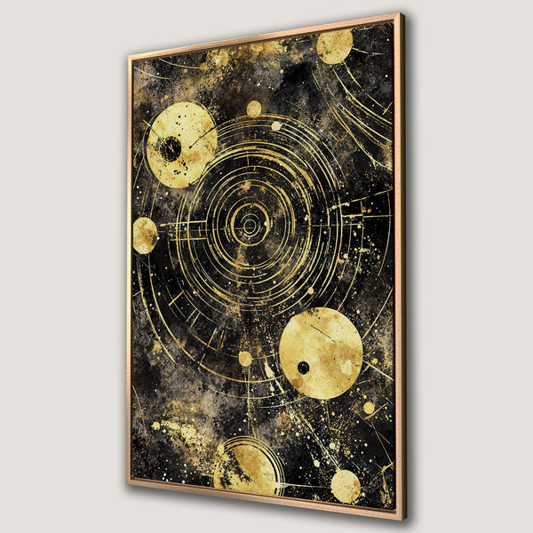 Framed Wall Art: Abstract gold and black celestial design. Modern art canvas print with a cosmic, geometric style. Perfect for contemporary decor.