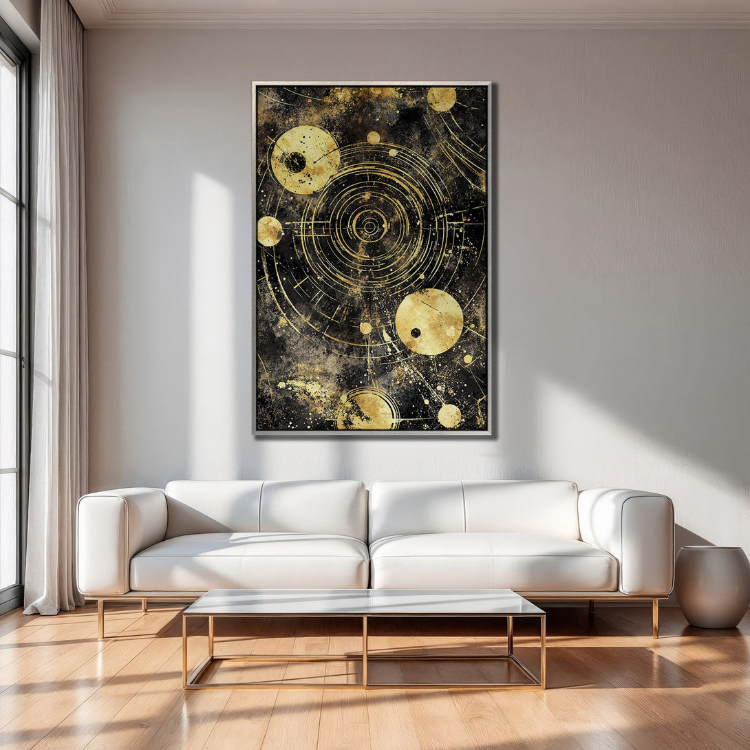 Framed Wall Art: Abstract gold and black celestial design Canvas Print, modern art for living room. Adds a touch of luxury and style.