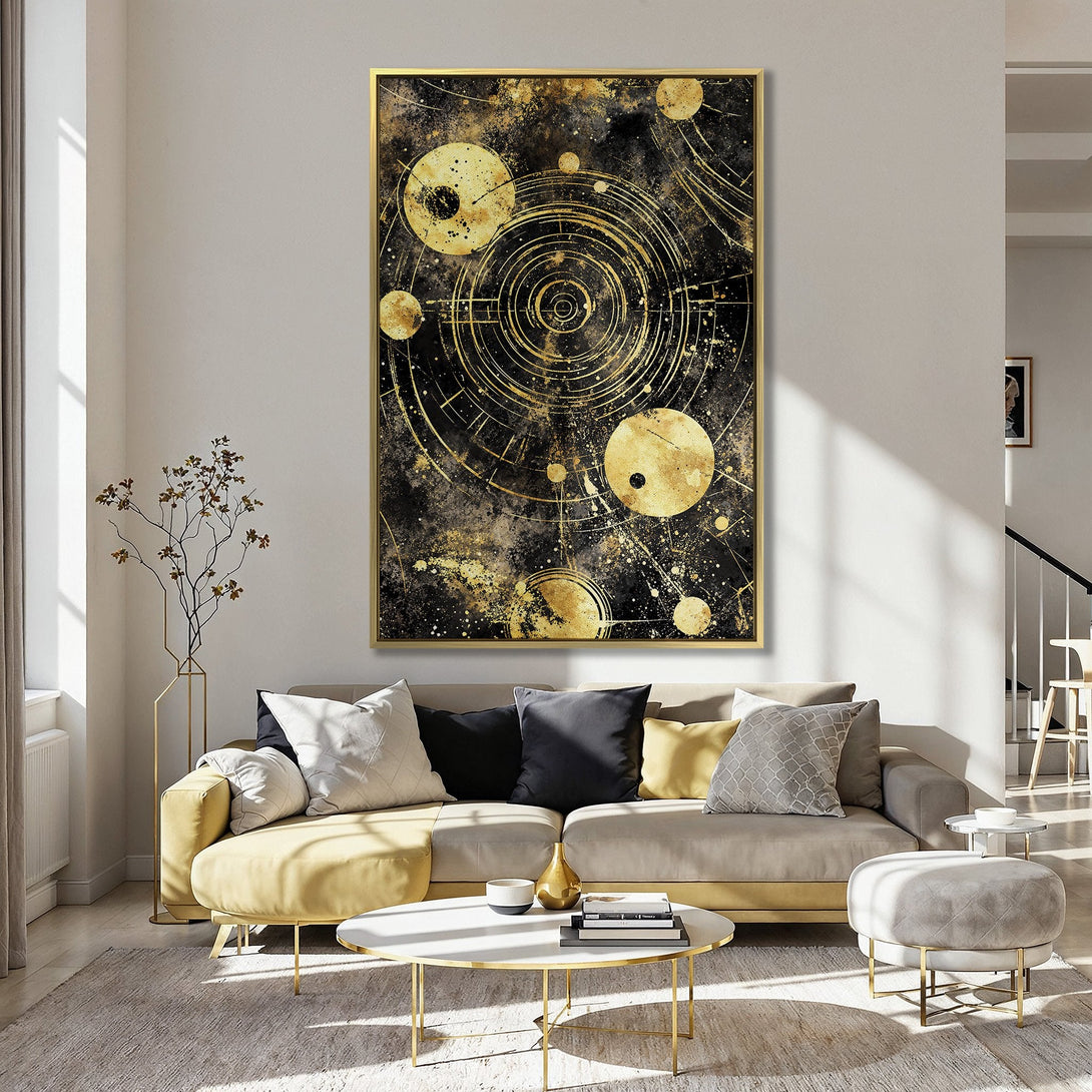 Canvas Print featuring a celestial abstract design in black and gold. Modern wall art with a luxurious, artistic style.