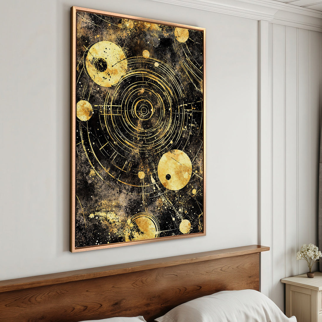 Framed Wall Art: Abstract gold & black cosmic design Canvas Print. Modern art for your home. Adds a touch of luxury and style to any space.