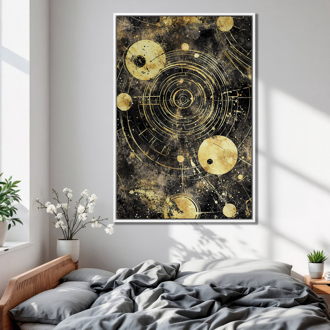 Framed Wall Art: Abstract gold and black geometric print. Modern art canvas print for bedroom decor. Adds a touch of luxury.