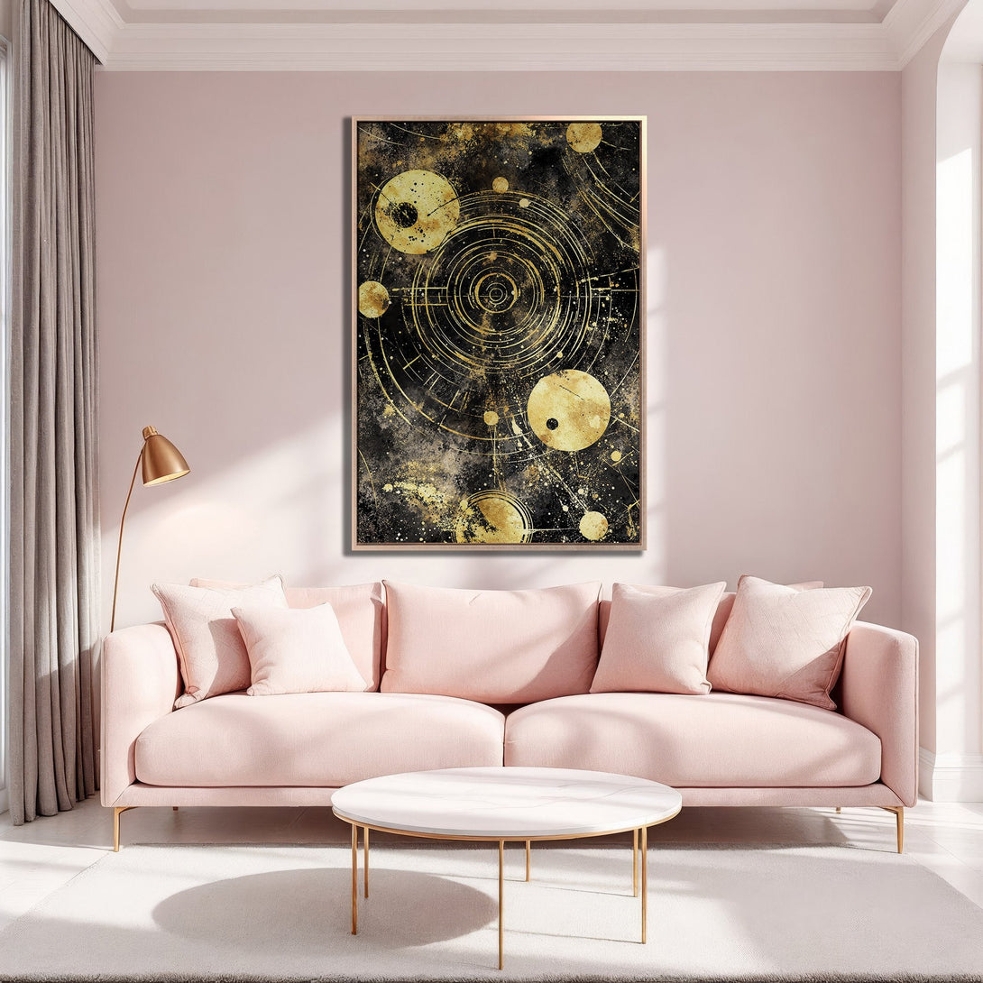 Framed Wall Art: Abstract gold and black art print in a modern interior. Adds a touch of luxury with its celestial design and warm color palette.